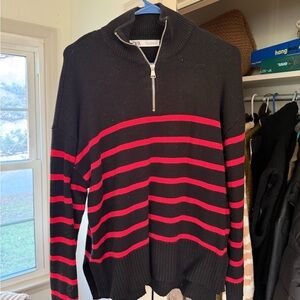 Zara Black and Red Striped Zip-Up Sweater